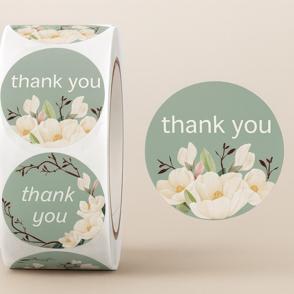 Thank You Stickers, 1" Round Frames Thank You Stickers Roll 8Floral  packaging